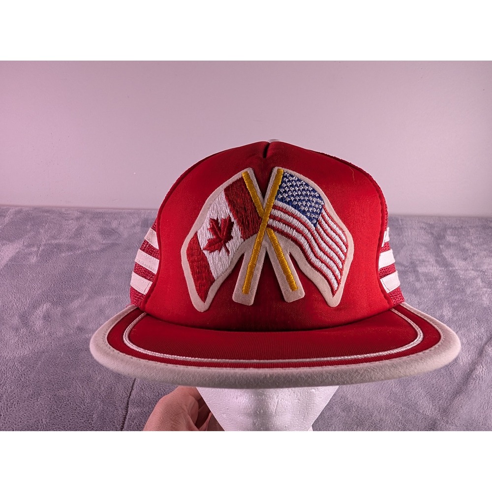 Vintage Yupoong International Insignia USA Canada Flag Trucker Hat Red Mesh Cap